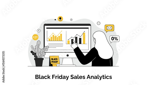 Female business professional in a hijab and black jacket analyzing Black Friday sales data on a computer screen in an office setting.