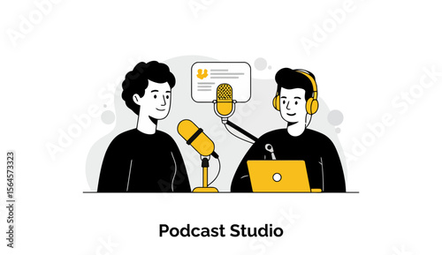 Two young male podcast hosts in a podcast studio setting. They are positioned in front of microphones, one speaking and the other listening via headphones.