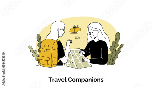 Female travel companions in casual clothing reviewing a map outdoors. Two young women with backpacks consulting a map in a relaxed posture.