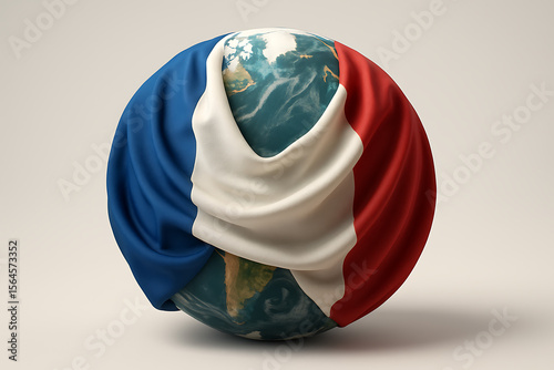 World globe gracefully draped with the vibrant French flag, symbolizing global connection and national pride Bastille Day