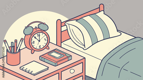 Illustration of a bedroom scene featuring a bed, nightstand with clock, books and writing supplies