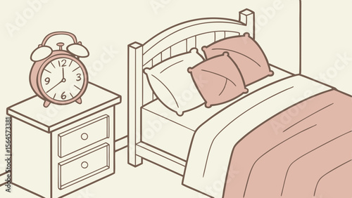 A cozy bedroom scene featuring a bed with pillows and a nightstand with an alarm clock on top of it