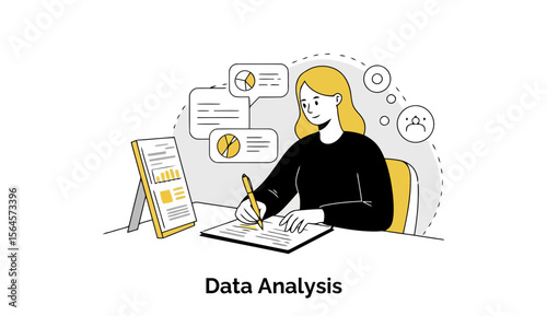 A young woman in a black shirt focuses on data analysis at a desk with presentation materials, analyzing information and working in a modern office setting.