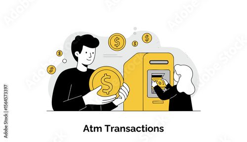 Young adults using an ATM in a modern setting. One person receiving cash, the other dispensing it, with a focus on financial transactions.