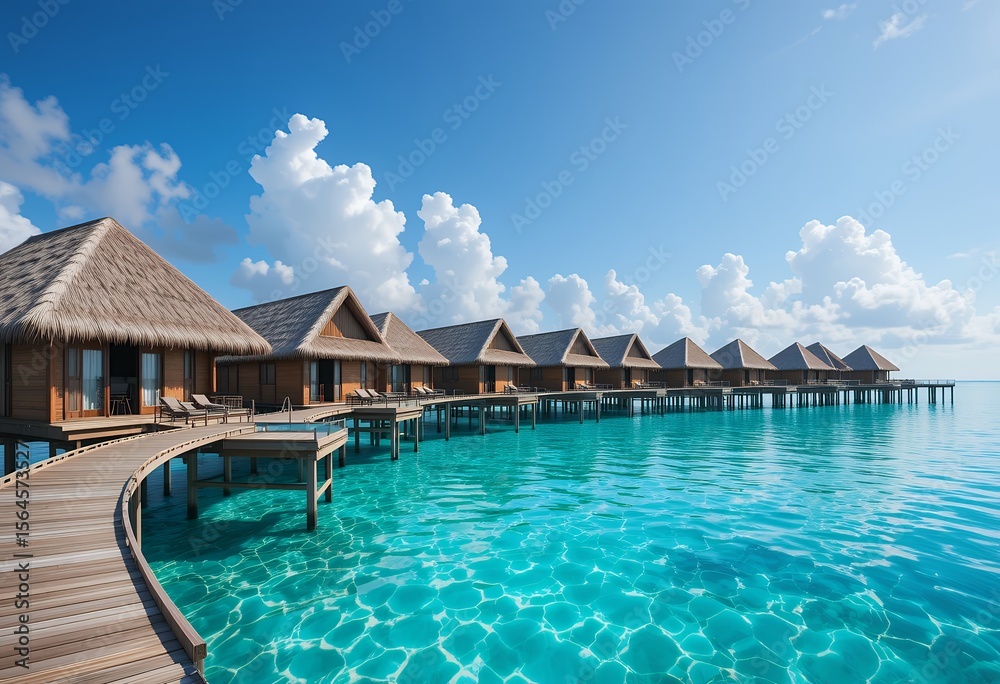 Fototapeta premium Scenic overwater tropical bungalows lined up under a bright blue sky with crystal clear turquoise
