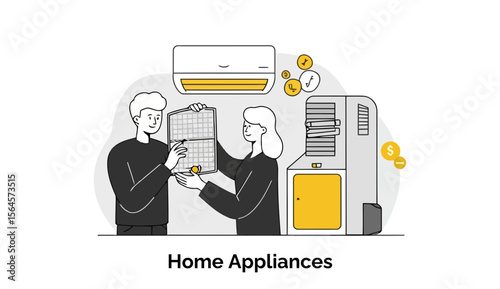 Young adults inspecting home appliance filters in a store. Two people examine air conditioner filters in a home appliance store.