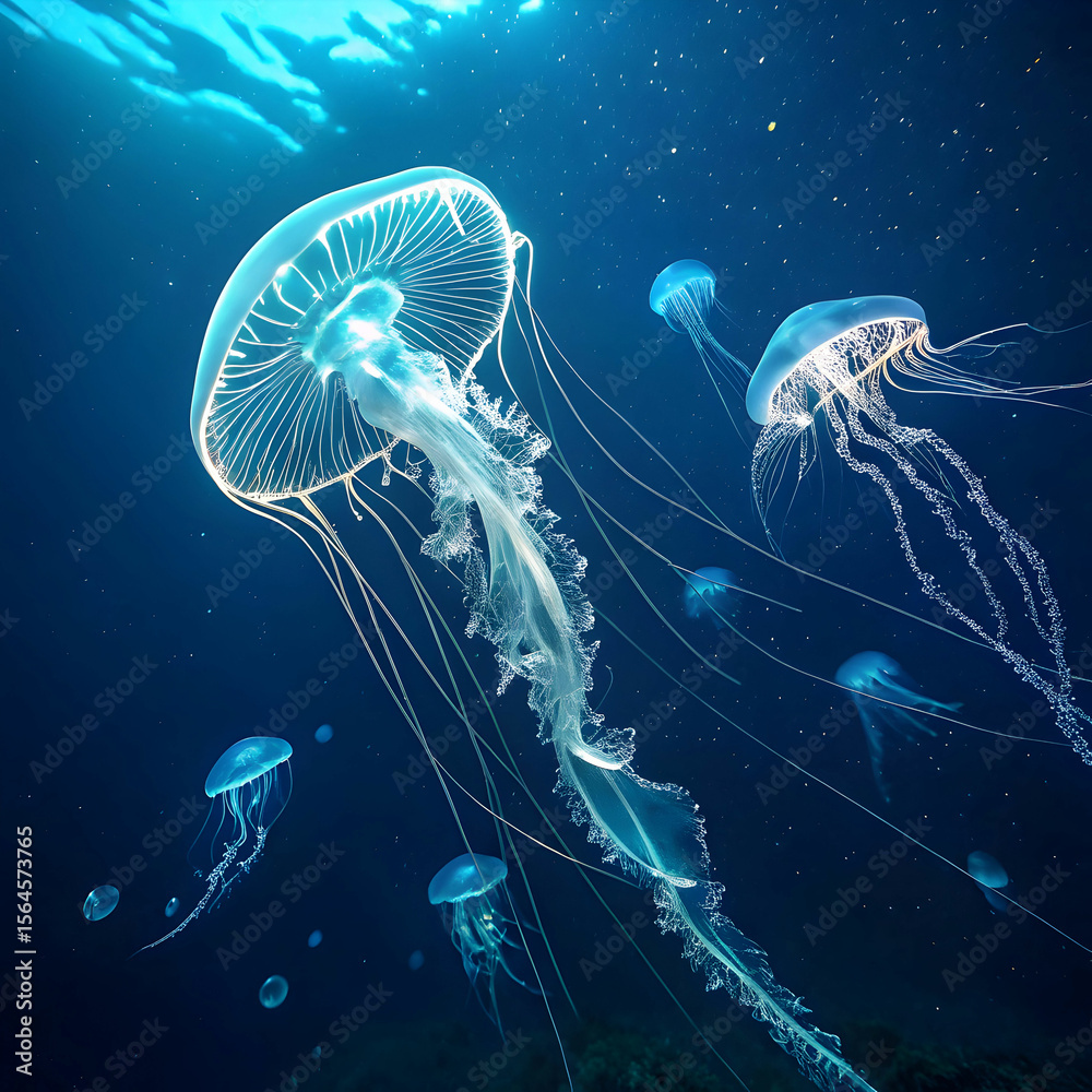 Naklejka premium top down view of bioluminescent jellyfish glowing