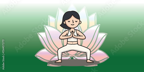 Illustration of a woman practicing yoga in front of a glowing lotus flower. Peaceful, spiritual, wellness, fitness, yoga, and meditation theme.