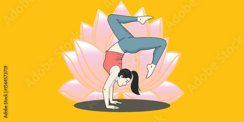 Illustration of a woman doing advanced yoga handstand in front of a glowing lotus flower. Yoga, balance, fitness, wellness, flexibility, and mindfulness concept