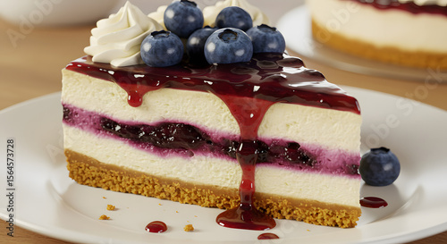A delectable slice of blueberry cheesecake with a rich graham cracker crust, topped with fresh blueberries, blueberry glaze, and whipped cream.