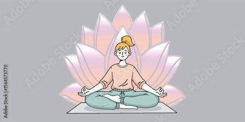 Illustration of a woman meditating in lotus position with a glowing lotus flower background. Wellness, mindfulness, yoga, balance, peace, and spirituality concept.