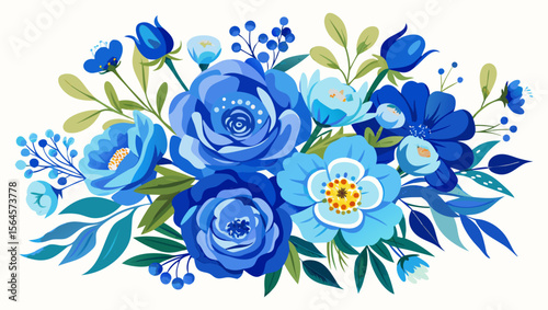 Vibrant bouquet of assorted blue flowers and green leaves on a white background