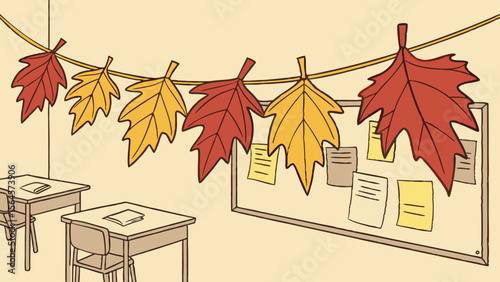 Classroom scene featuring desks, a bulletin board, and a garland of autumn leaves decoration hanging above