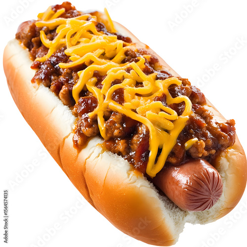 Delicious chili cheese dog on a bun isolated against a black background