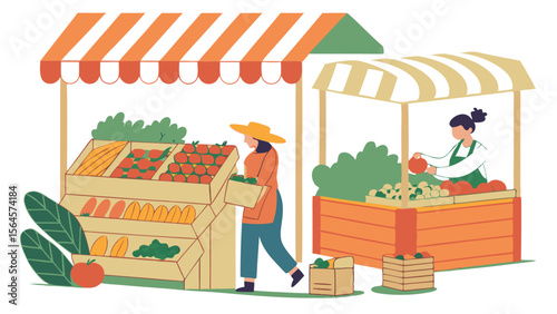 Illustration of two women at a farmers market stand selling fresh produce and vegetables in an outdoor setting