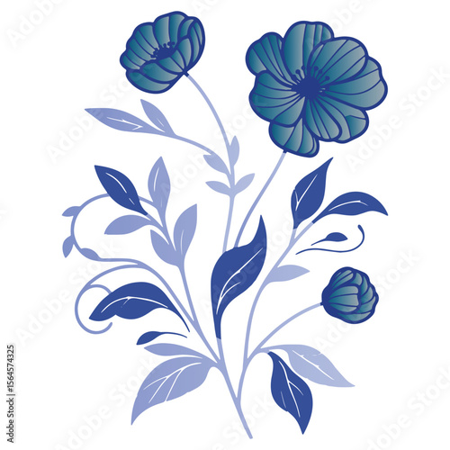 floral bloom illustration in hand drawn style with stem leaf detailing for cushion art and wedding stationery

