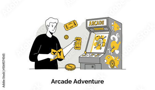 Young adult male in casual black attire interacting with an arcade machine. He holds a game guide and ticket in a retro arcade setting.