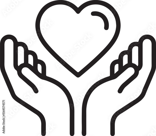 Black and white line art of cupped hands holding a heart love care