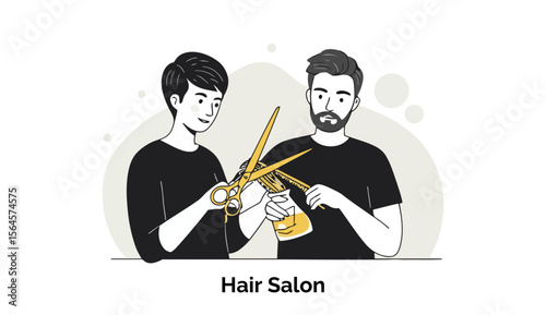Two male hairstylists, one clean-shaven and one with a beard, both in black t-shirts, are skillfully trimming and styling clients' hair in a trendy, modern hair salon.