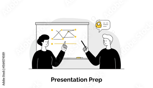 Young adults in casual clothing collaborating on presentation prep in a classroom setting. Two individuals engaged in discussing data points on a whiteboard.