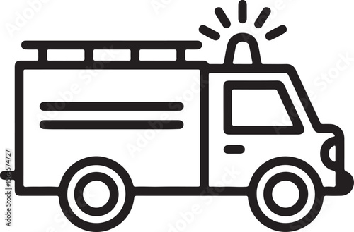 Black and white line drawing of a fire truck with a siren emergency vehicle lights