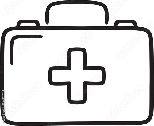 Black and white line drawing of a first aid kit with a red cross symbol medical bag emergency kit