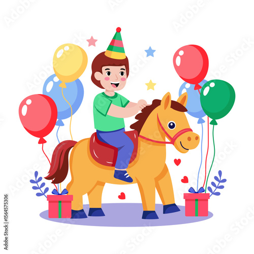 A flat style illustration showing a kid riding pony