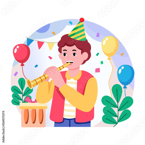 A flat style illustration showing a kid blowing whistle