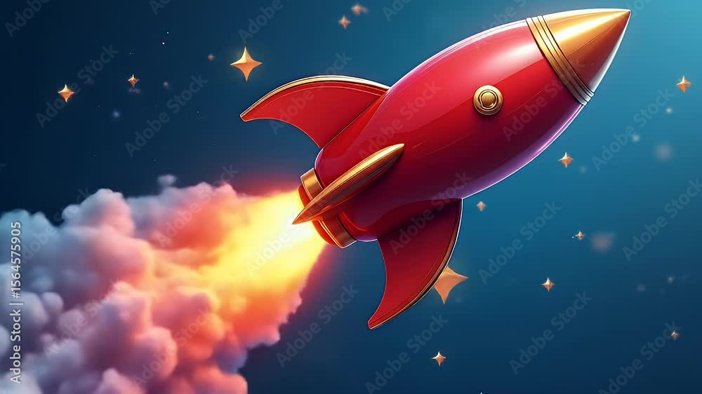 A single vibrant sticker of a red rocket ship with a trail of glowing stars and smoke, isolated on a deep blue backdrop to evoke adventure and imagination.
