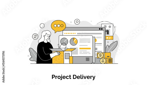A focused female professional, elegantly dressed in a simple black top, is meticulously coordinating the final stages of a project delivery, sitting at a spacious desk surrounded by monitors.
