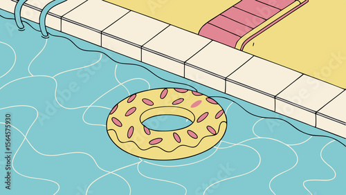 A pool scene featuring a yellow donut shaped float with pink sprinkles floating in the blue water view