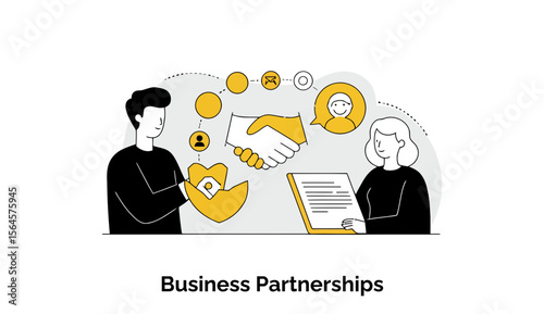 A clean illustration depicts a successful business partnership, with two adult professionals in formal suits shaking hands firmly in a corporate setting to seal a deal.