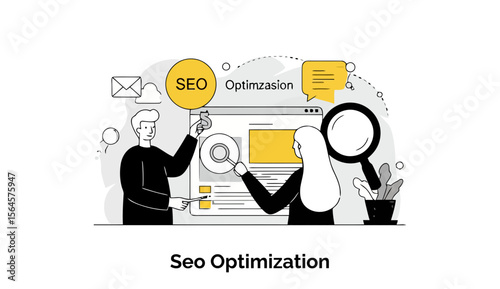 SEO Optimization process with two diverse professionals in a digital workplace. Individuals actively engaging with a computer screen and web content.
