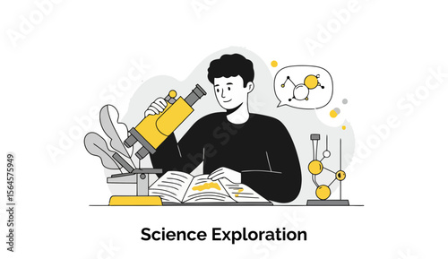 Young student in casual attire studying science with a microscope. Focused observation of scientific concepts in a classroom setting.