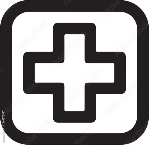 Minimalist black medical cross symbol icon within a rounded square outline healthcare symbol first aid