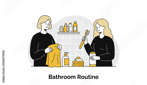 Two young adult women engaging in a bathroom routine, holding towels and toothbrushes, in a modern bathroom setting. Female friends completing daily hygiene tasks in a shared bathroom space.
