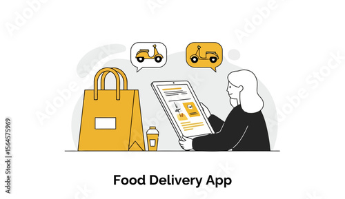 Female food delivery worker using a tablet to manage orders in a modern office environment. Viewing a digital order list with food delivery app interface details, preparing for pick up.