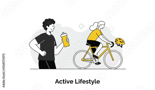 Active young adults, one walking and one cycling, enjoying an active lifestyle outdoors. A man handing a water bottle to a woman while she cycles, illustrating healthy habits in a park-like setting.