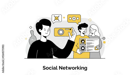 Young adults taking pictures and sharing profiles on social media in a casual digital setting. Young professionals engaging in social networking activities at a digital workplace.