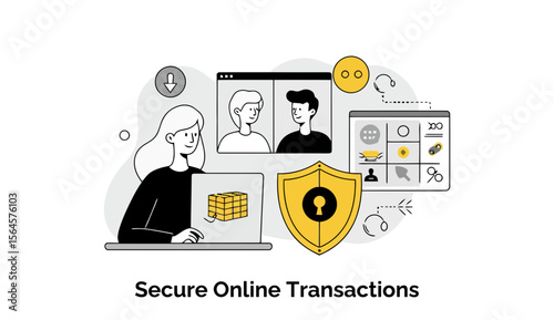 Female user interacting with secure online transactions with video conferencing and inventory management interfaces in a modern setting.