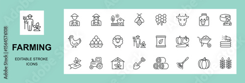 Farming icon set. Agriculture related line icons: farm, gardening, smart farm, farm animals, seeding, farmer and more. Editable stroke. Vector illustration.