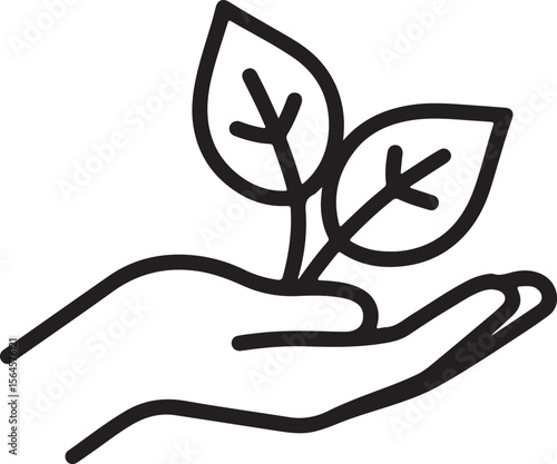 Minimalist line art of a hand holding delicate leaves plant growth