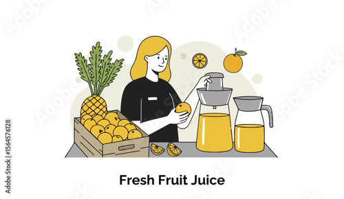 A young woman in a black tshirt, preparing fresh fruit juice, at a market stall with oranges and pineapple. Preparing fresh fruit juice at a market stand.