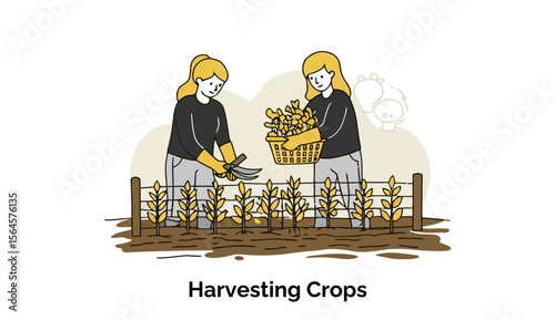 Two women, young adults, in dark gray pants and black shirts, harvest crops by hand using shears in a fenced-in garden plot. Women farmers working together in a rural setting.