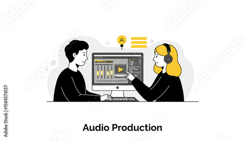 Young adults collaborating on audio production project in home office setting. Two individuals working together at a computer.