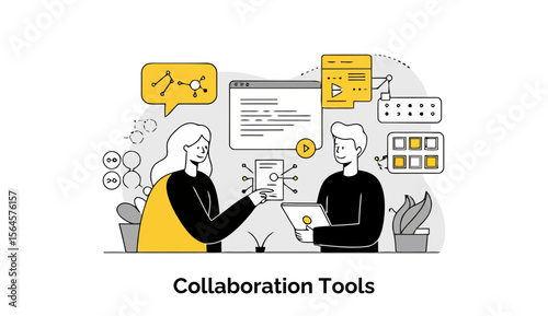 Young professionals in casual wear collaborate using digital tools in a modern office setting. Two colleagues share a document and interact with various digital tools.