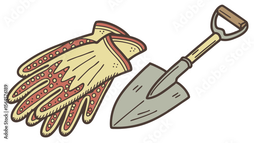 Illustration of gardening gloves with red dots and a small shovel with a wooden handle on a white background