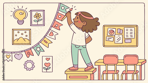 Illustration of a girl decorating a classroom with a banner, surrounded by drawings and classroom furniture