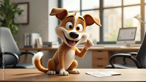 Cute animated dog sitting on a desk with a friendly expression in a bright office environment, showcasing creativity and fun