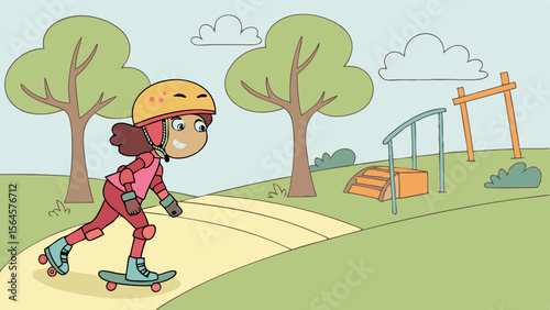 A girl with a helmet and protective gear is skateboarding in a park with trees and playground equipment